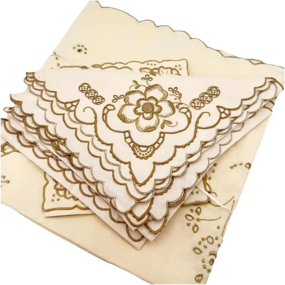 Vintage Madeira Linen Tablecloth & Napkin Set‎ Cutwork Embroidery Portugal